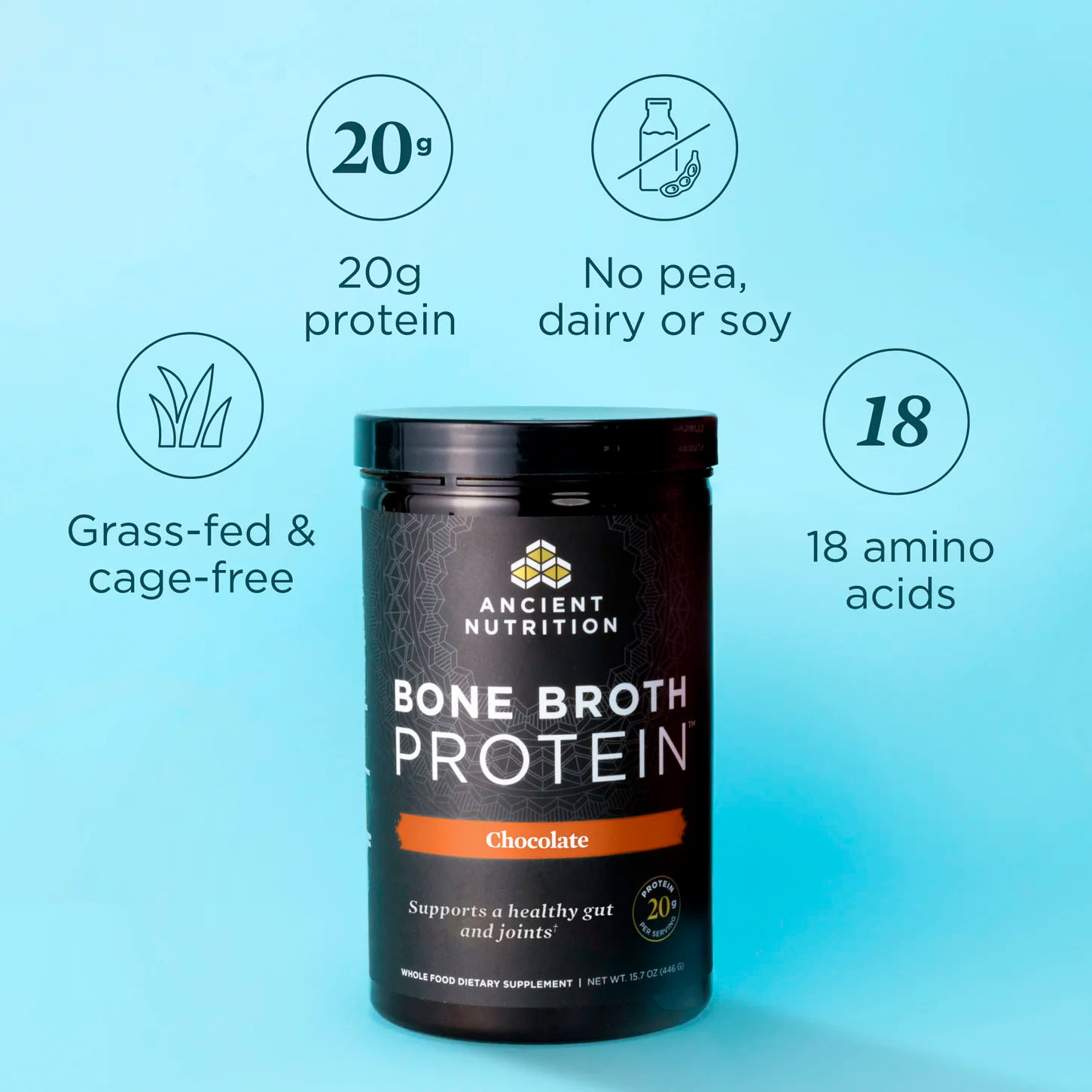 Ancient Nutrition, Bone Broth Protein, Chocolate, 20 g, 1.1 lb