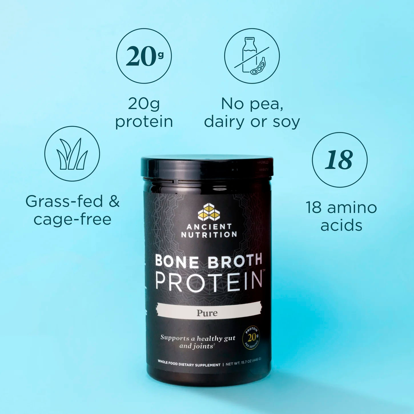 Ancient Nutrition, Bone Broth Protein, Pure, 20 g, 15.07 oz