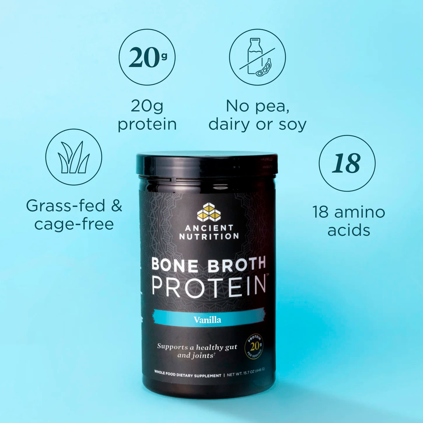 Ancient Nutrition, Bone Broth Protein, Vanilla, 20 g, 1.1 lb