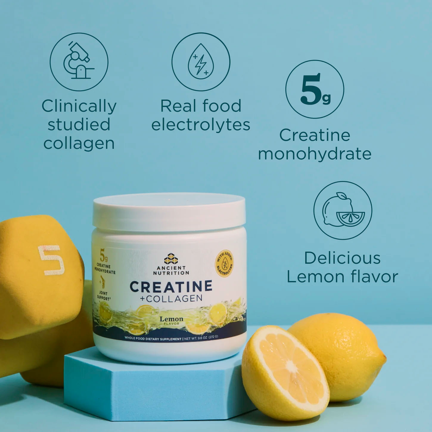 Ancient Nutrition, Creatine + Collagen + Electrolytes, Lemon, 5 g, 9.6 oz