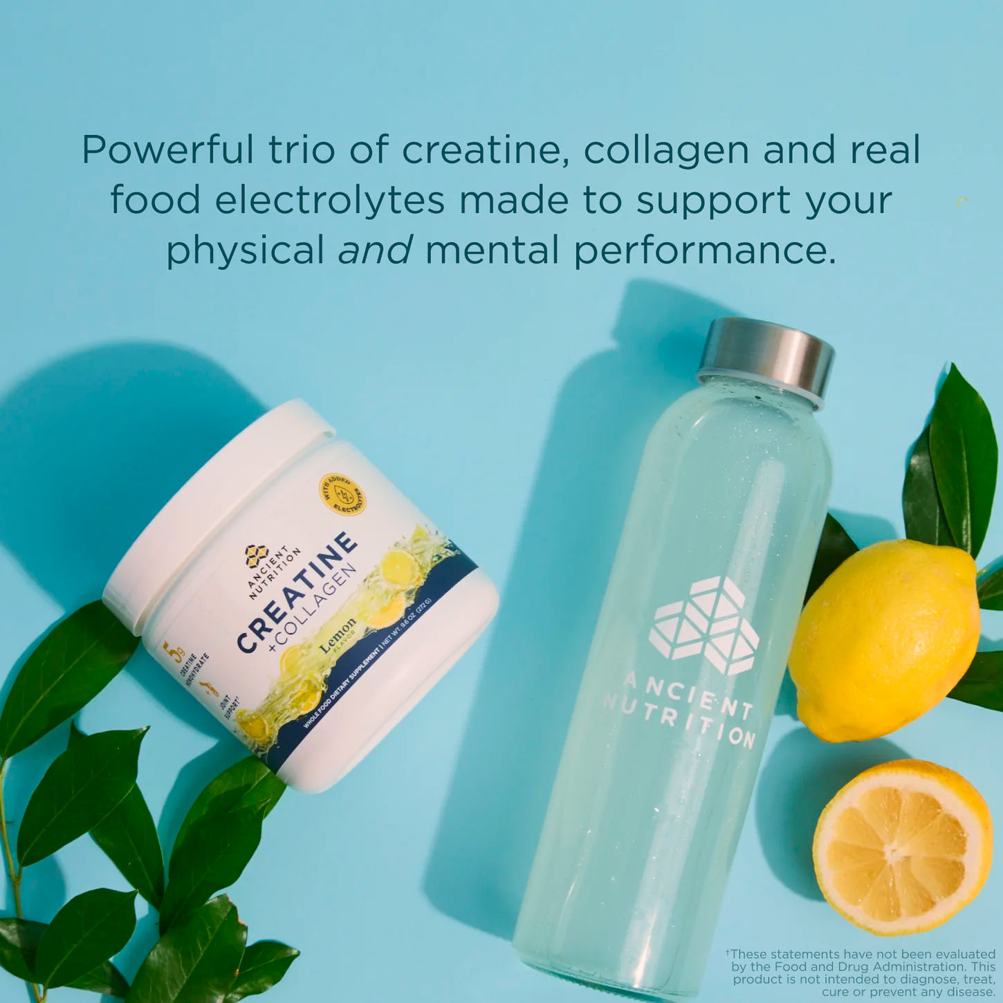 Ancient Nutrition, Creatine + Collagen + Electrolytes, Lemon, 5 g, 9.6 oz