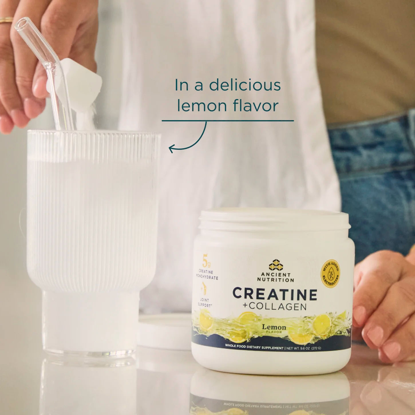 Ancient Nutrition, Creatine + Collagen + Electrolytes, Lemon, 5 g, 9.6 oz