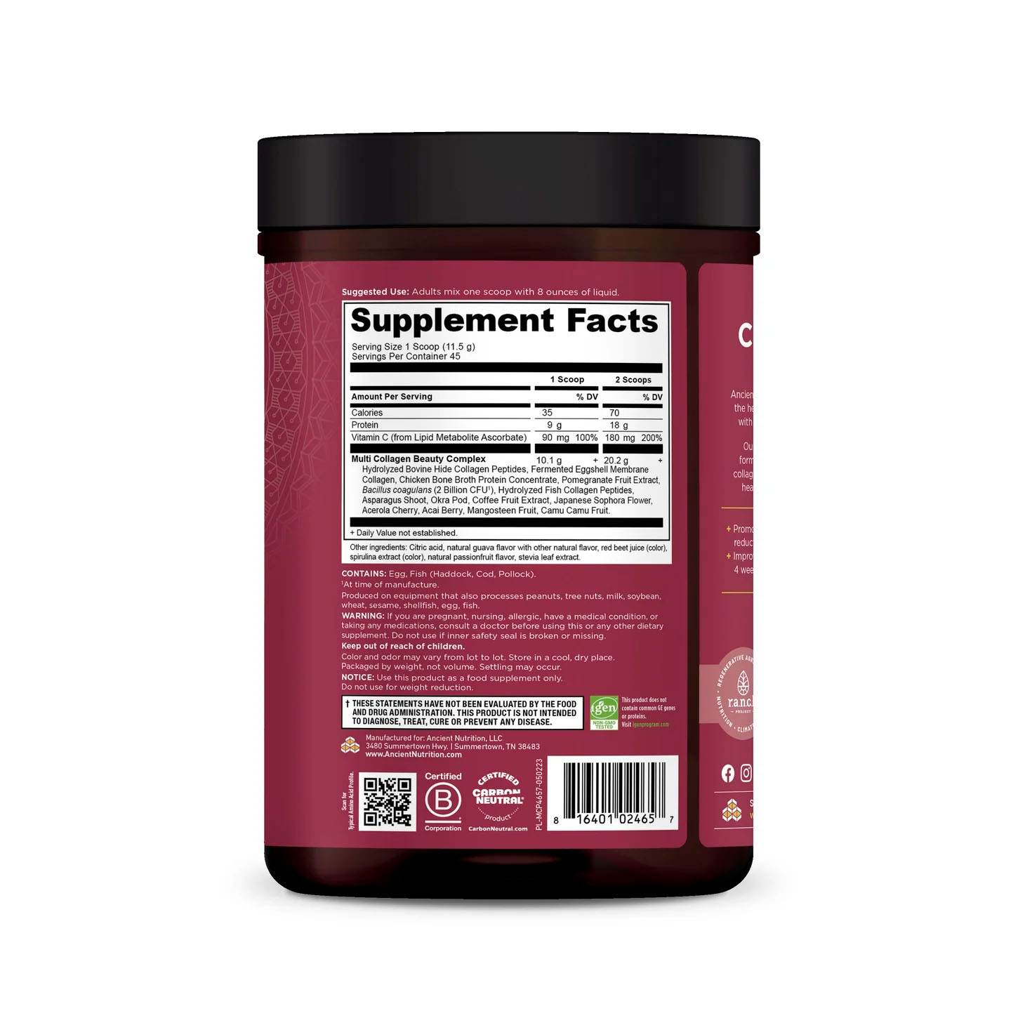 Ancient Nutrition, Multi Collagen Protein Beauty Within, Guava Passionfruit, 20 g, 1.14 lb