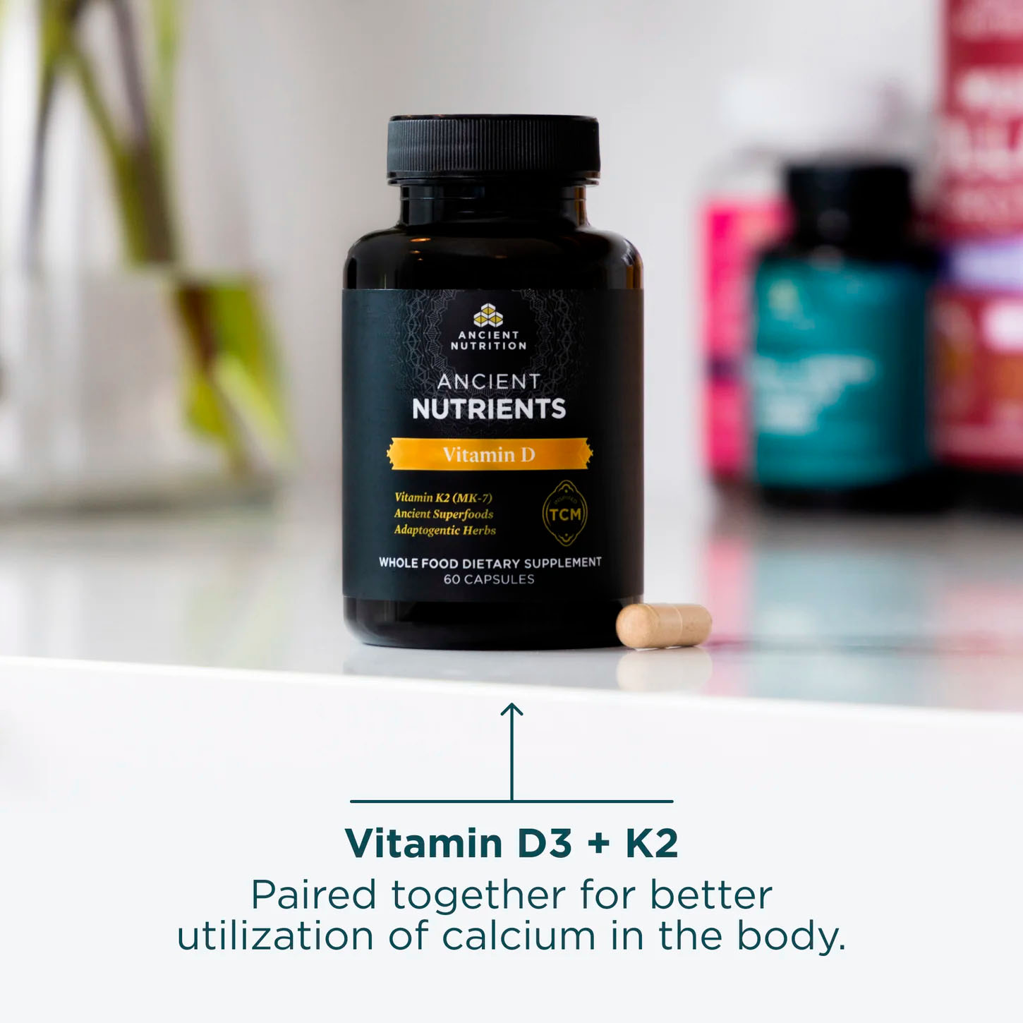 Ancient Nutrition, Vitamin D3 + K2, 125 mcg (5000 IU), 90 mcg, 60 Caps