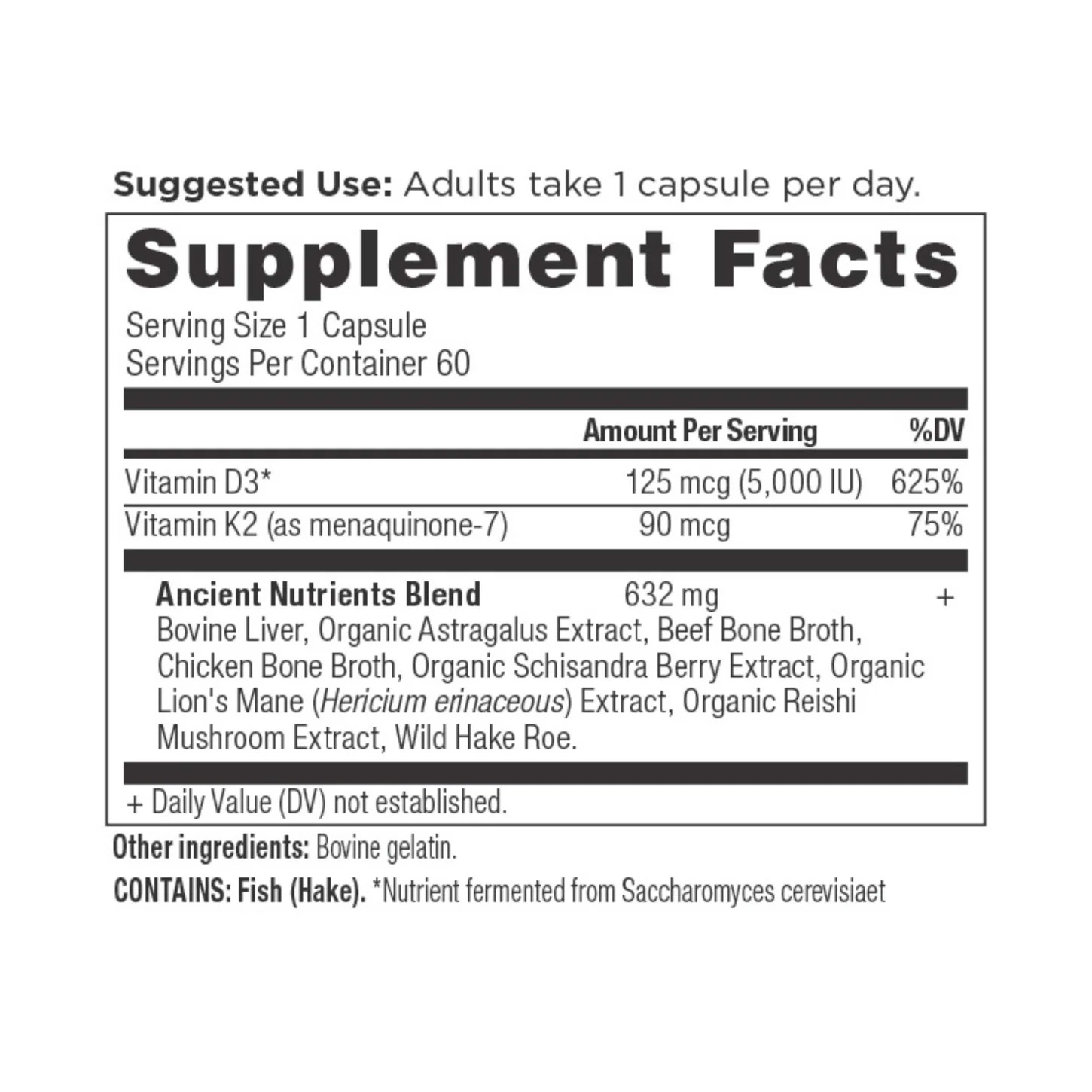 Ancient Nutrition, Vitamin D3 + K2, 125 mcg (5000 IU), 90 mcg, 60 Caps
