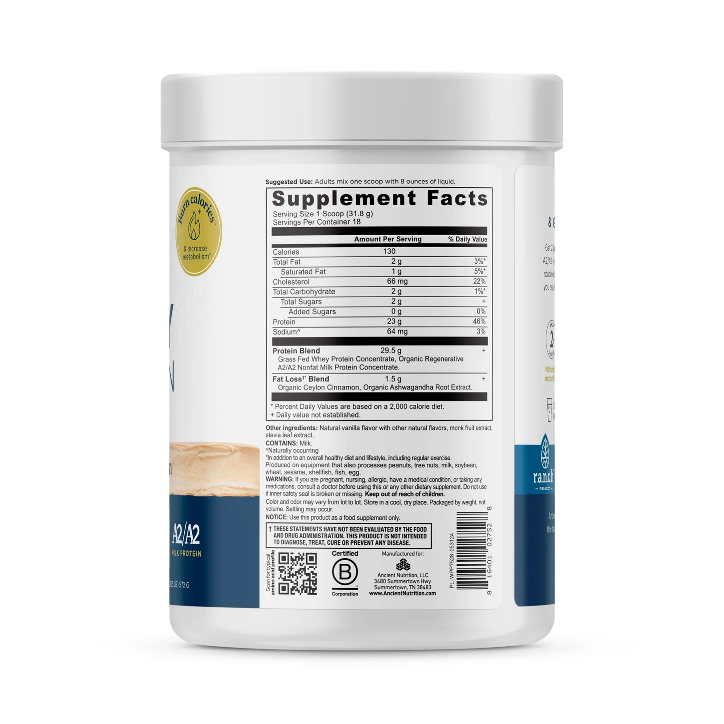 Ancient Nutrition, Whey Protein + Fat Loss Blend, Vanilla Cinnamon, 23 g, 1.26 lb
