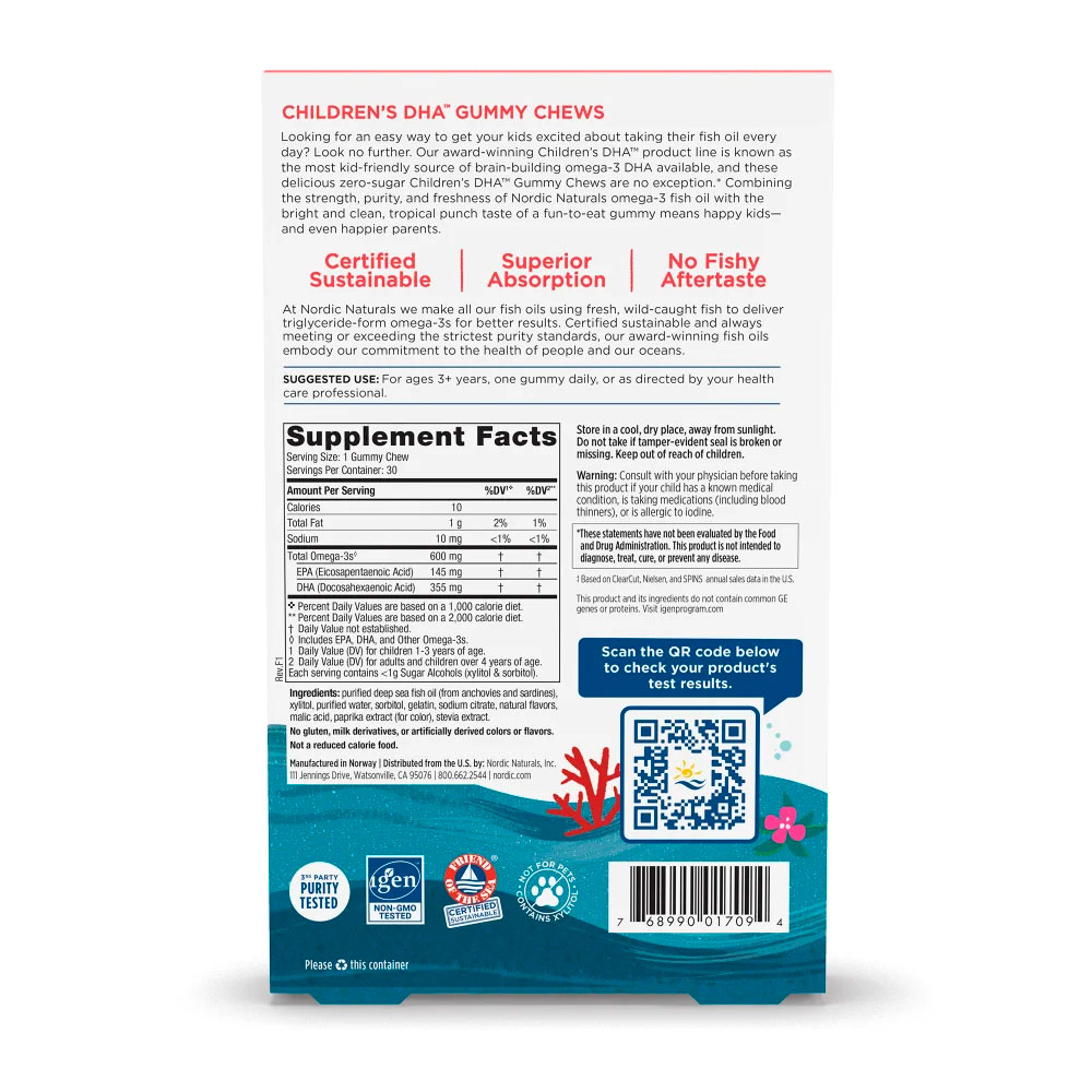 Nordic Naturals, Children’s DHA Gummy Chews, Tropical Punch, 600 mg, 30 Gummies
