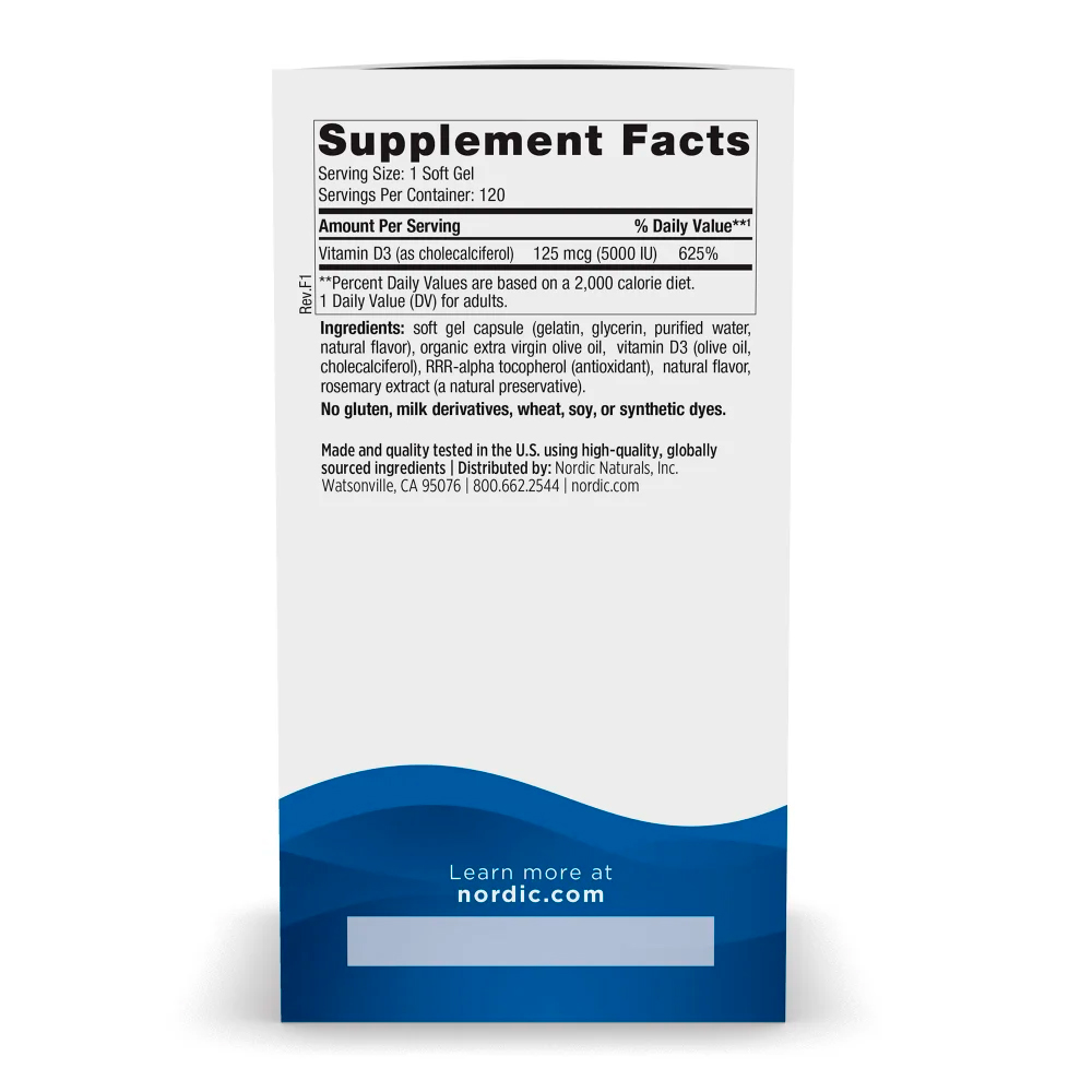 Nordic Naturals, Vitamin D3, 125 mcg (5000 IU), 120 Softgels