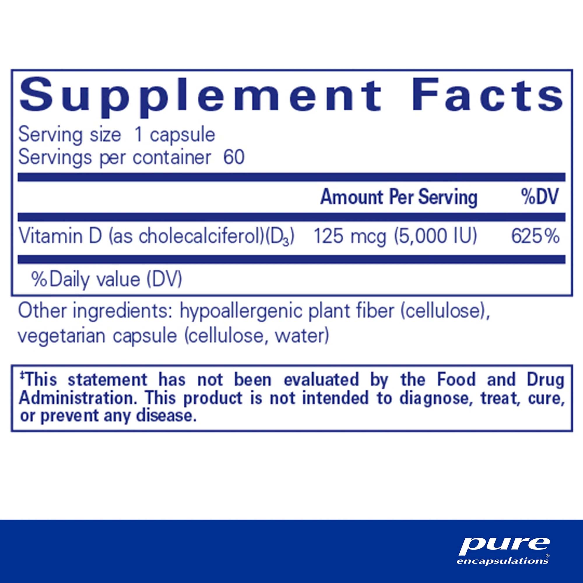 Pure Encapsulations, Vitamin D3, 125 mcg (5000 IU), 60 Caps