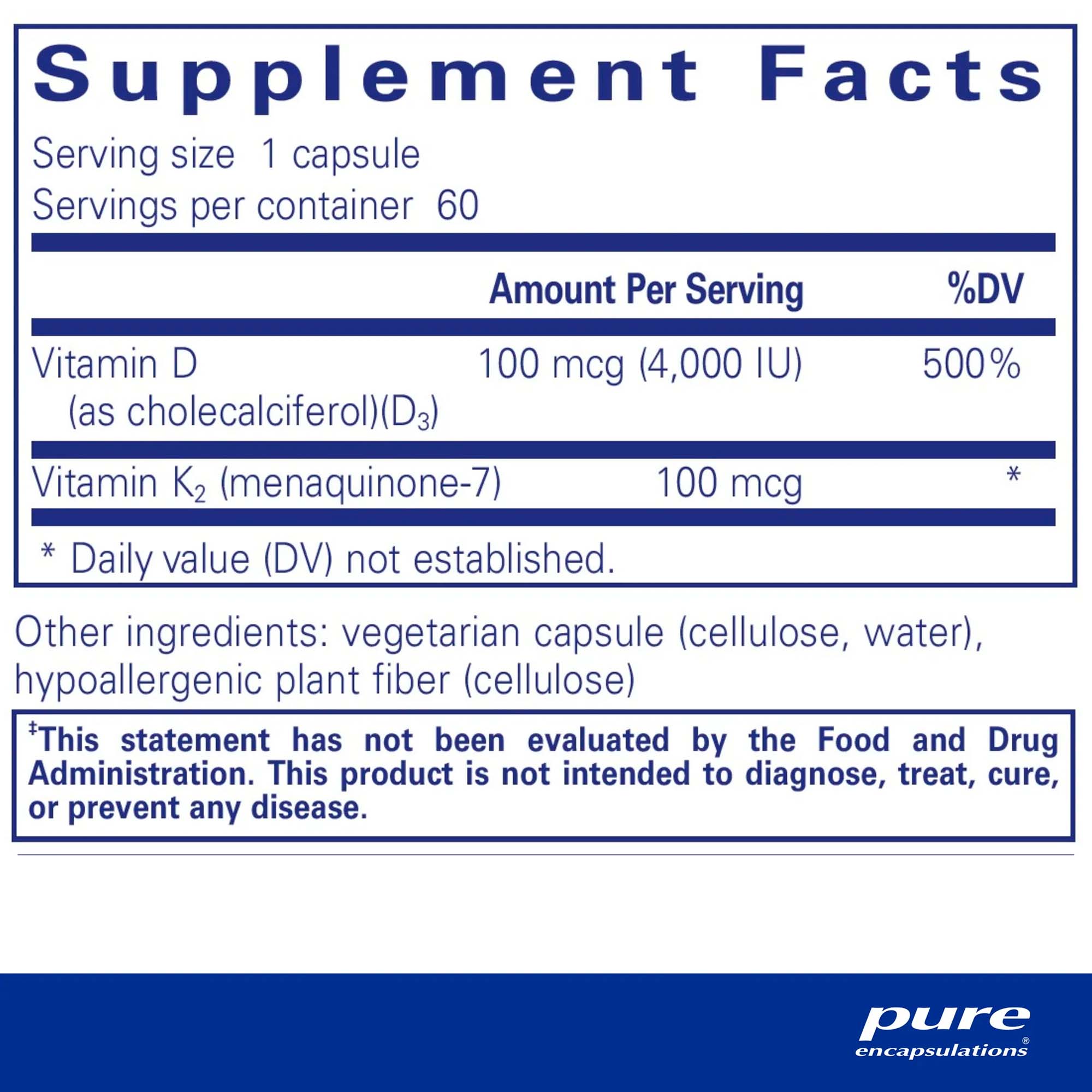 Pure Encapsulations, Vitamin D3 & K2, 100 mcg (4000 IU), 100 mcg, 60 Caps