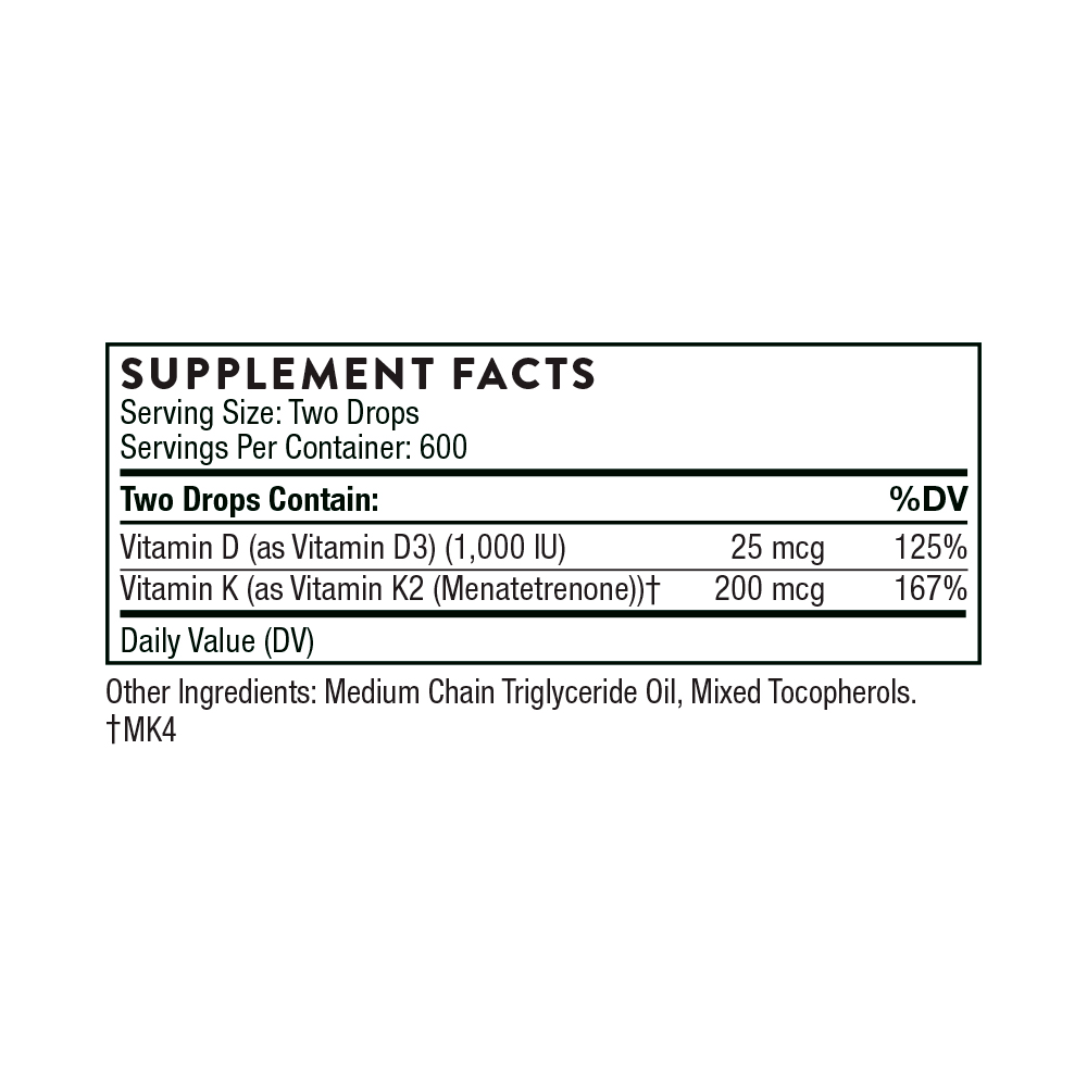 Thorne, Vitamin D + K2 Liquid, 25 mcg (1000 IU) 200 mcg, 1 fl oz