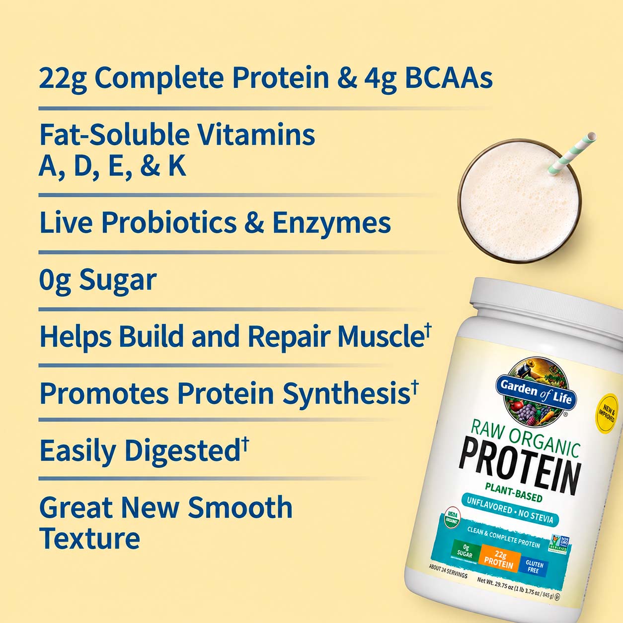 Garden of Life, Raw Organic Protein Powder, Unflavored, 22 g, 19.75 oz