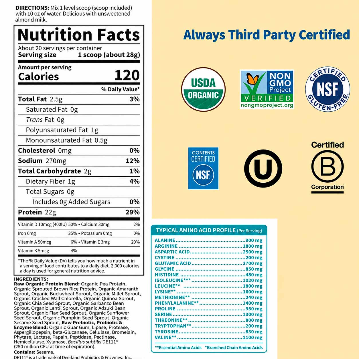 Garden of Life, Raw Organic Protein Powder, Unflavored, 22 g, 19.75 oz