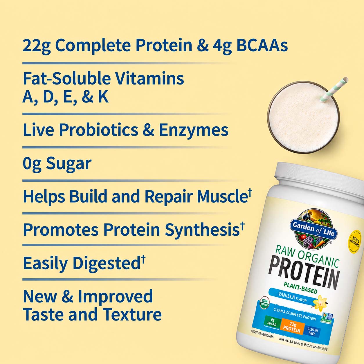 Garden of Life, Raw Organic Protein Powder, Vanilla, 22 g, 23.28 oz