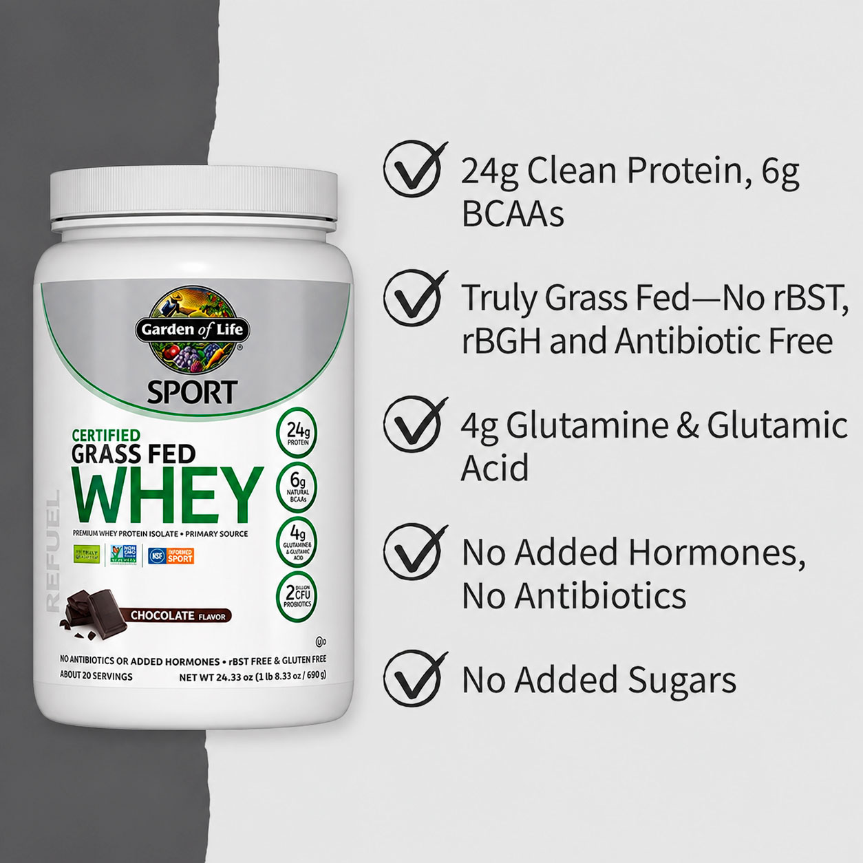Garden of Life, SPORT Certified Grass Fed Whey Powder, Chocolate, 24 g, 24.33 oz