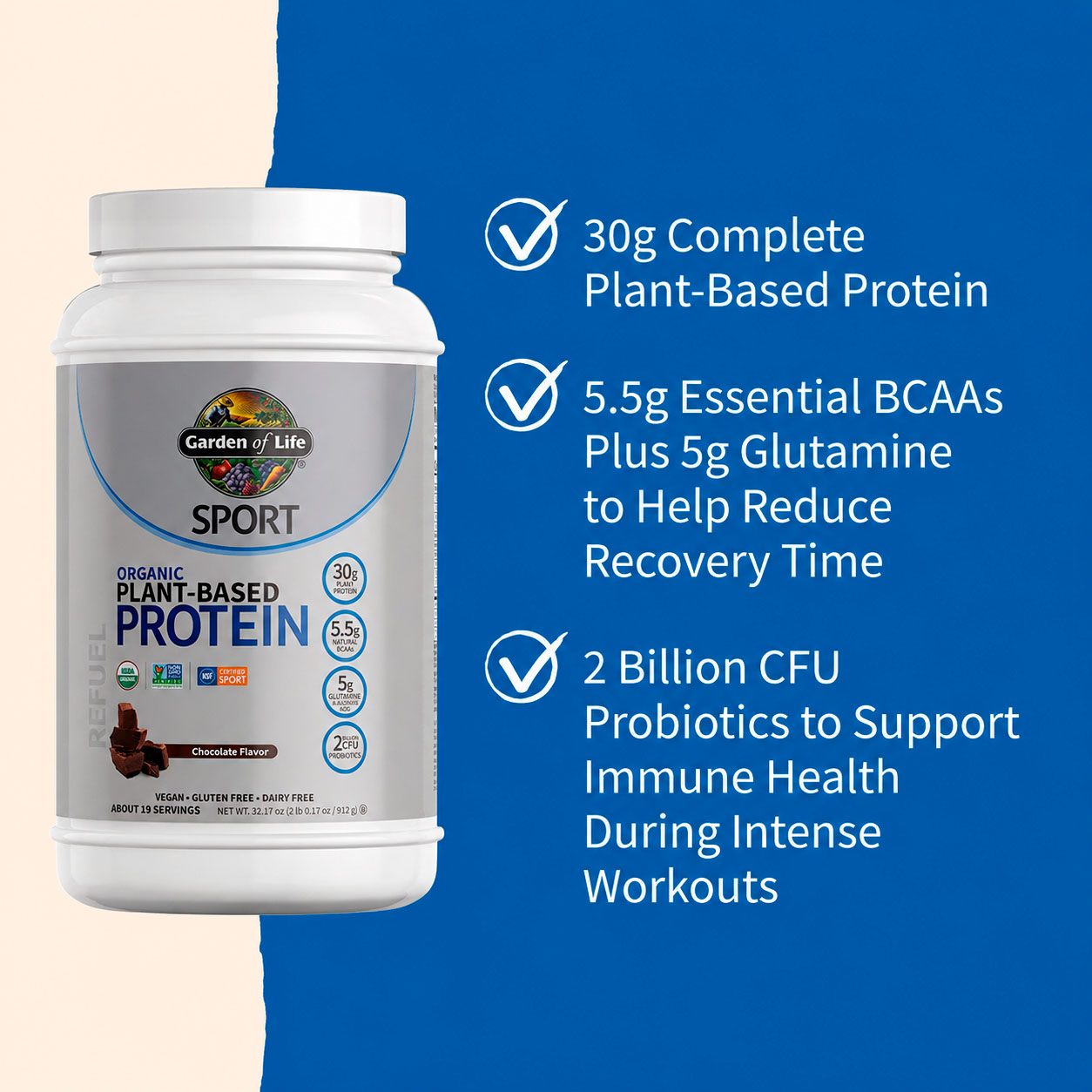 Garden of Life, SPORT Organic Plant-Based Protein Powder, Chocolate, 30 g, 32.17 oz