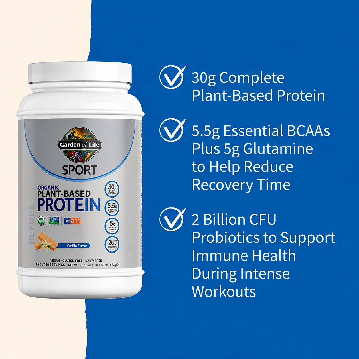 Garden of Life, SPORT Organic Plant-Based Protein Powder, Vanilla, 30 g, 30.16 oz