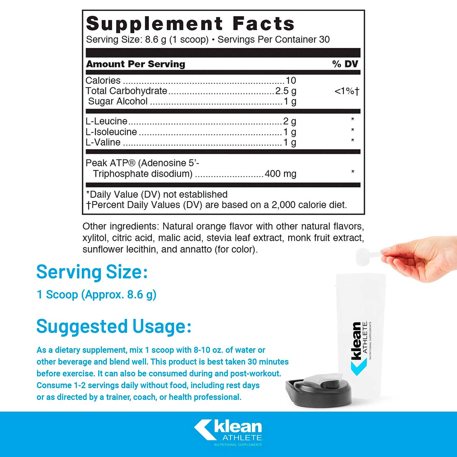Klean Athlete, Klean BCAA + Peak ATP, Natural Orange, 4 g, 400 mg, 9.1 Oz