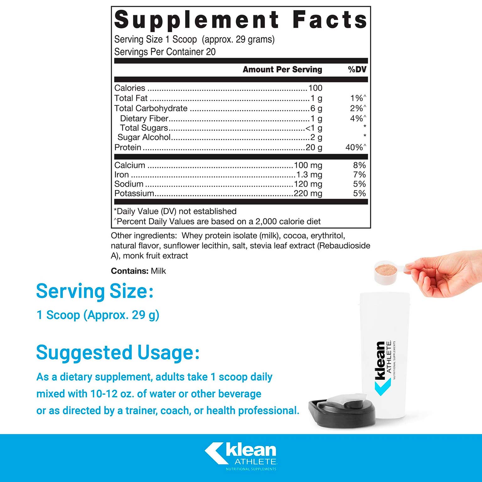 Klean Athlete, Klean Isolate Whey Protein, Natural Chocolate, 20 g, 20.5 Oz