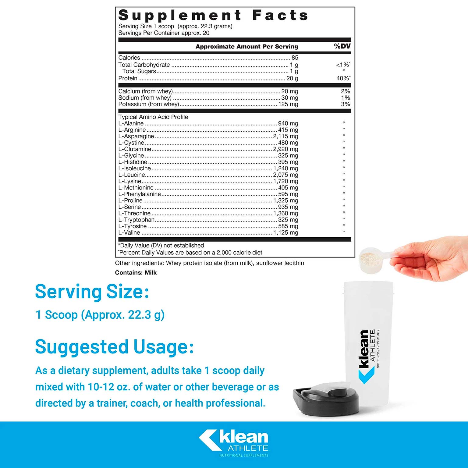 Klean Athlete, Klean Isolate Whey Protein, Unflavored, 20 g, 15.73 Oz