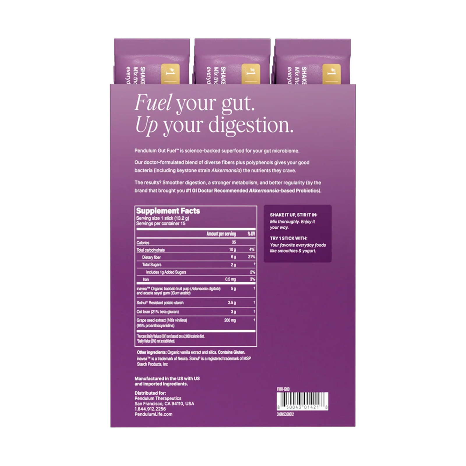 Pendulum, Gut Fuel On-The-Go Daily Prebiotic Fiber + Polyphenols, 15 Packets