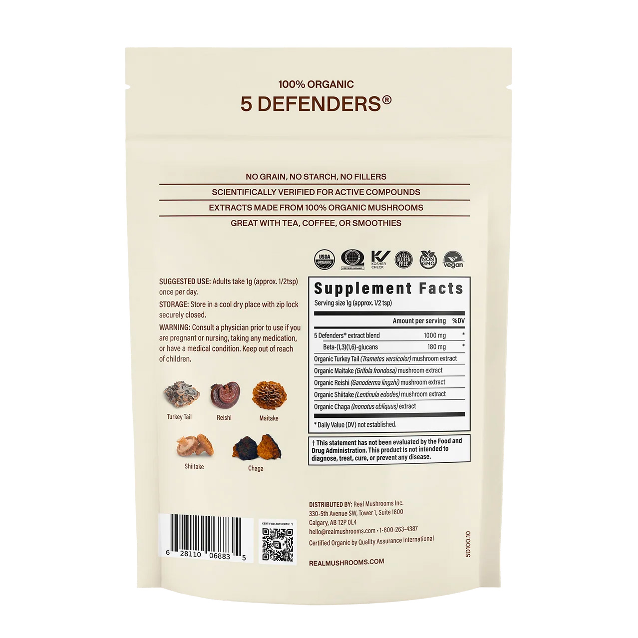 Real Mushrooms, 5 Defenders Mushroom Powder Immune Strength, 1000 mg, 1.59 oz