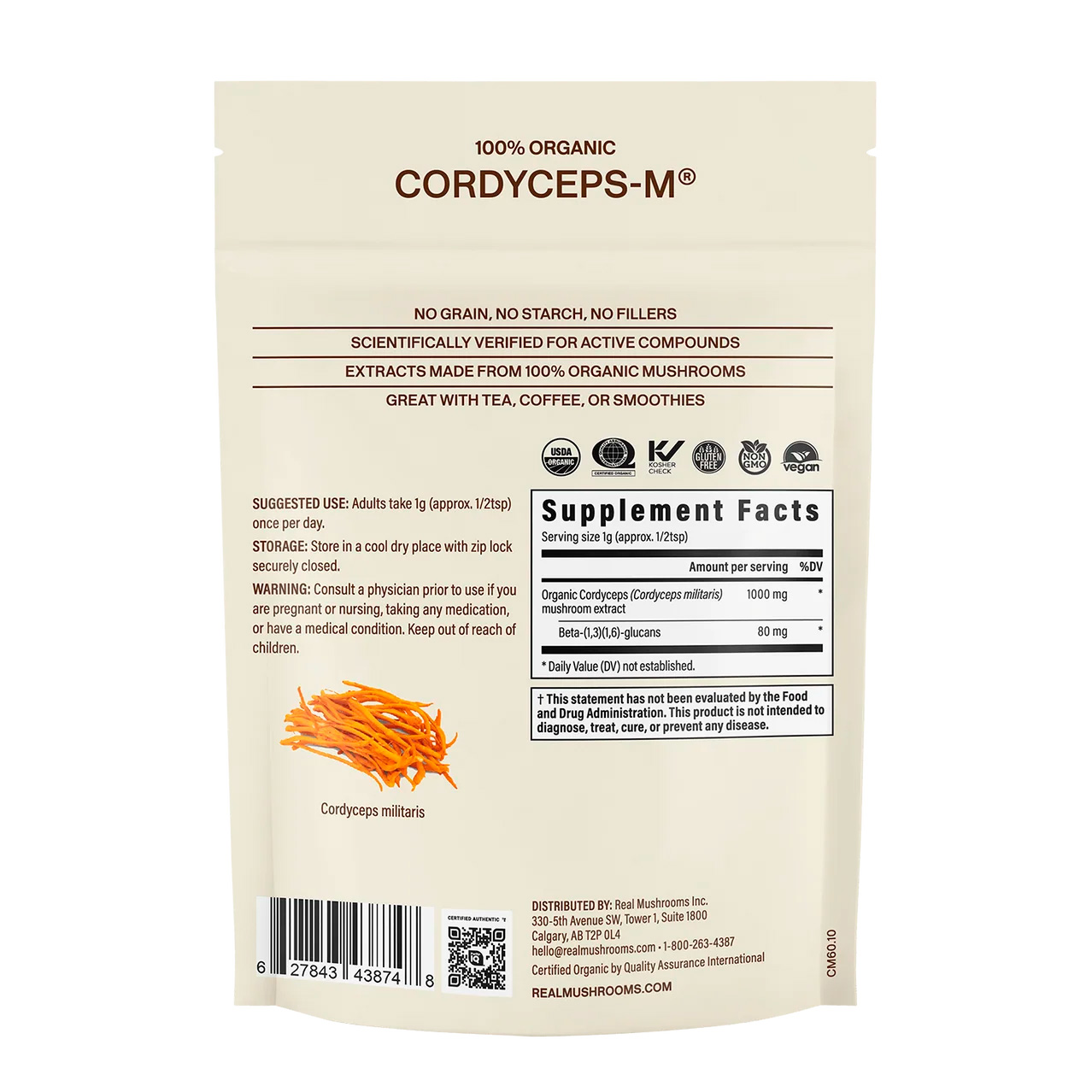 Real Mushrooms, Cordyceps-M Extract Powder Peak Perfomance, 1000 mg, 2.12 oz
