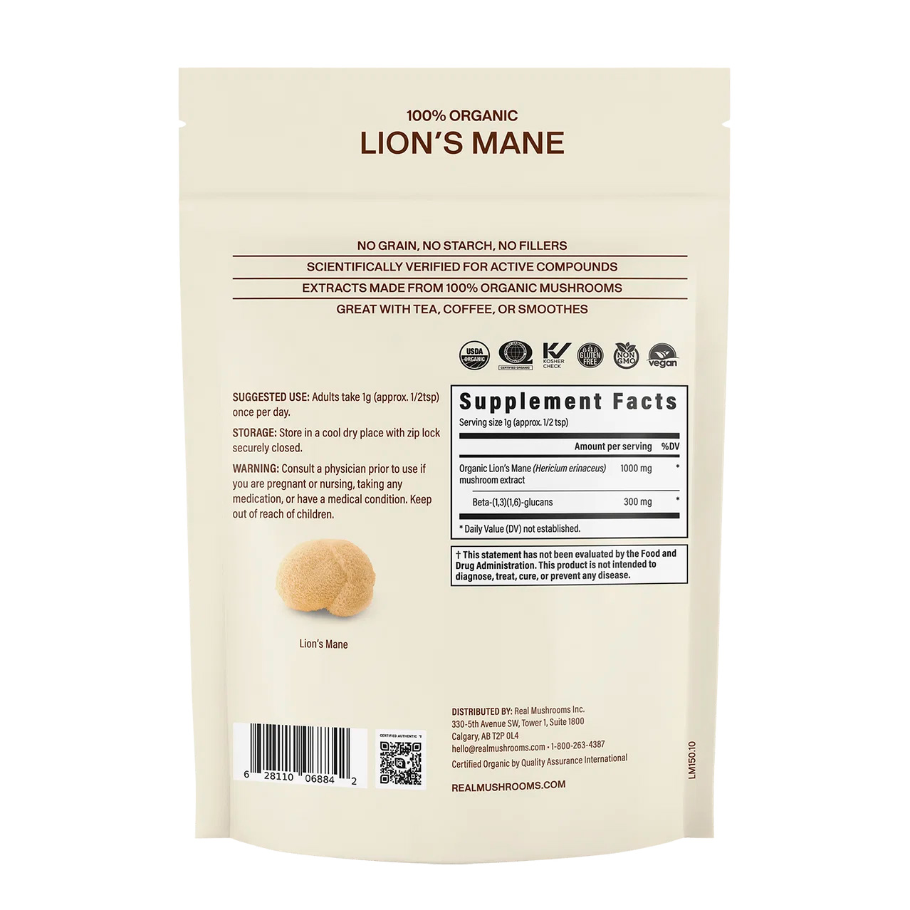 Real Mushrooms, Lion’s Mane Extract Powder Cognition, 1000 mg, 2.12 oz