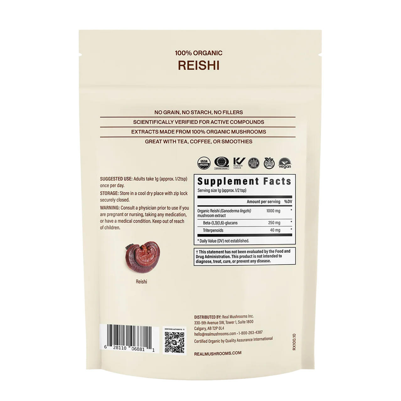 Real Mushrooms, Reishi Extract Powder Longevity, 1000 mg, 1.59 oz