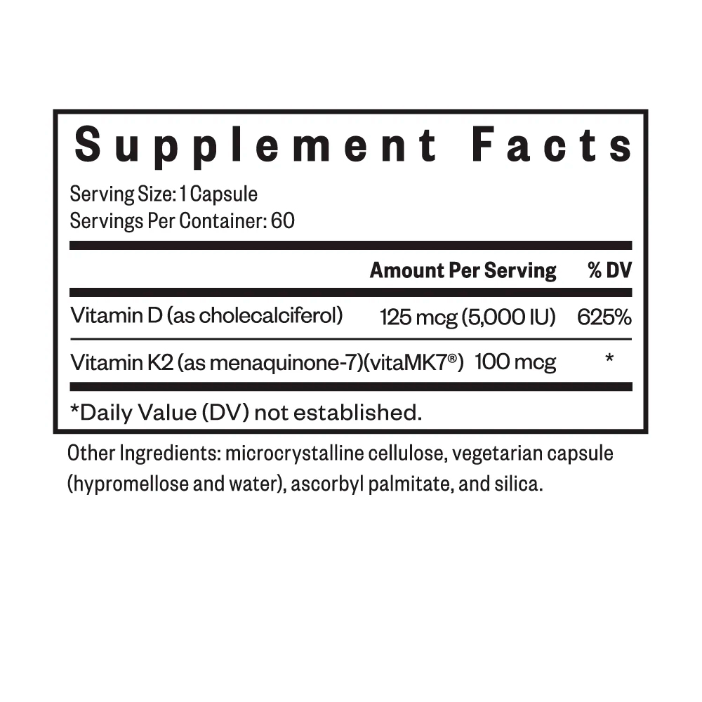 Seeking Health, Vitamin D3 + K2, 125 mcg (5,000 IU), 100 mcg, 60 Caps
