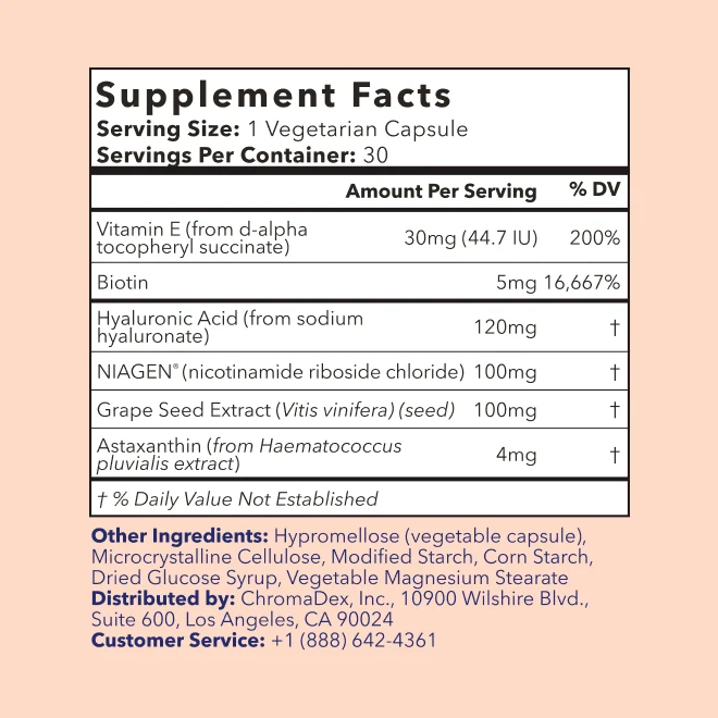 Tru Niagen, Niagen Beauty NR with Astaxanthin, Biotin & Hyaluronic Acid, 100 mg, 30 Vegicaps
