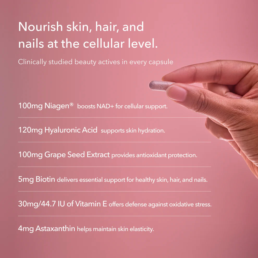 Tru Niagen, Niagen Beauty NR with Astaxanthin, Biotin & Hyaluronic Acid, 100 mg, 30 Vegicaps