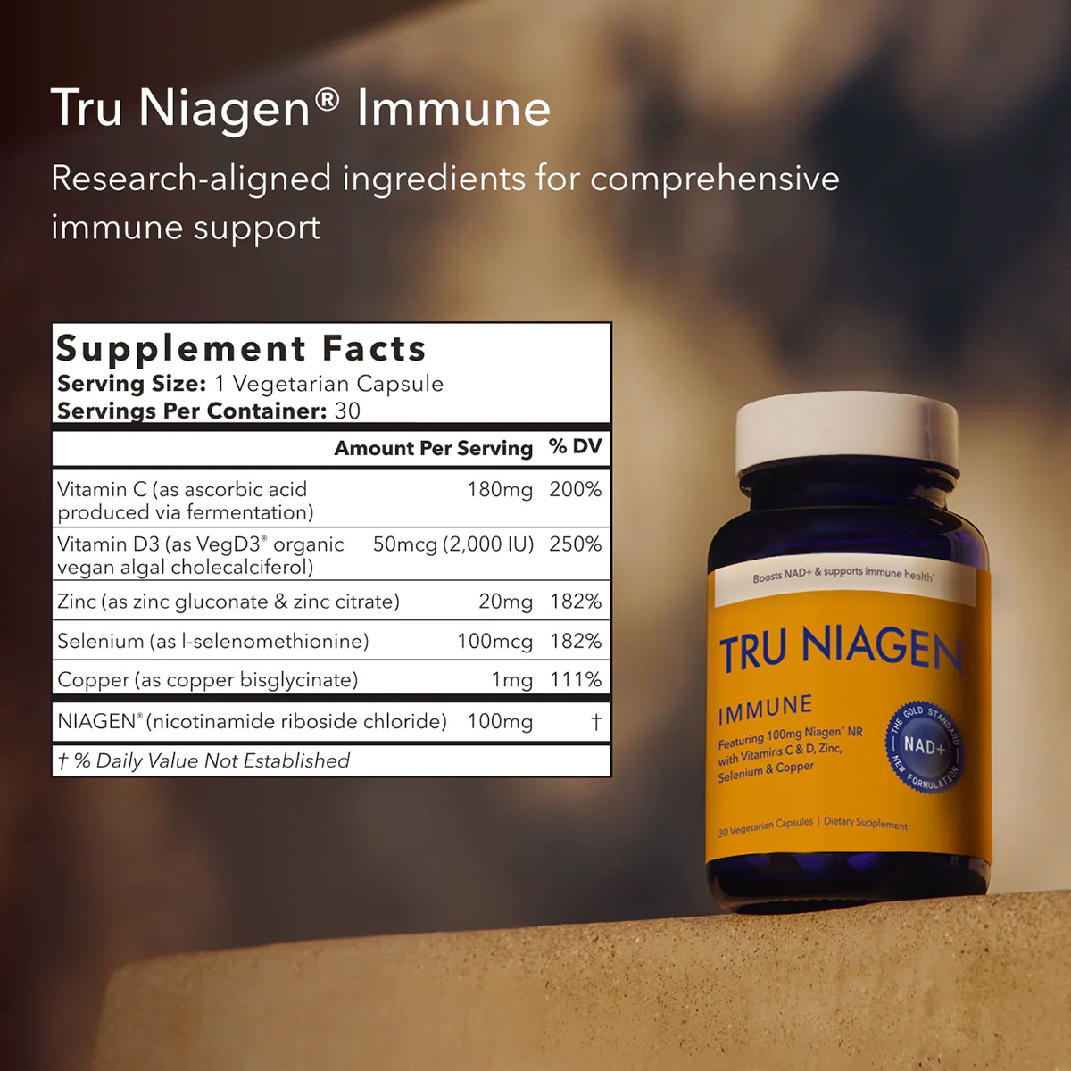 Tru Niagen, Niagen Immune NR with Vitamins C & D + Minerals, 100 mg, 30 Vegicaps