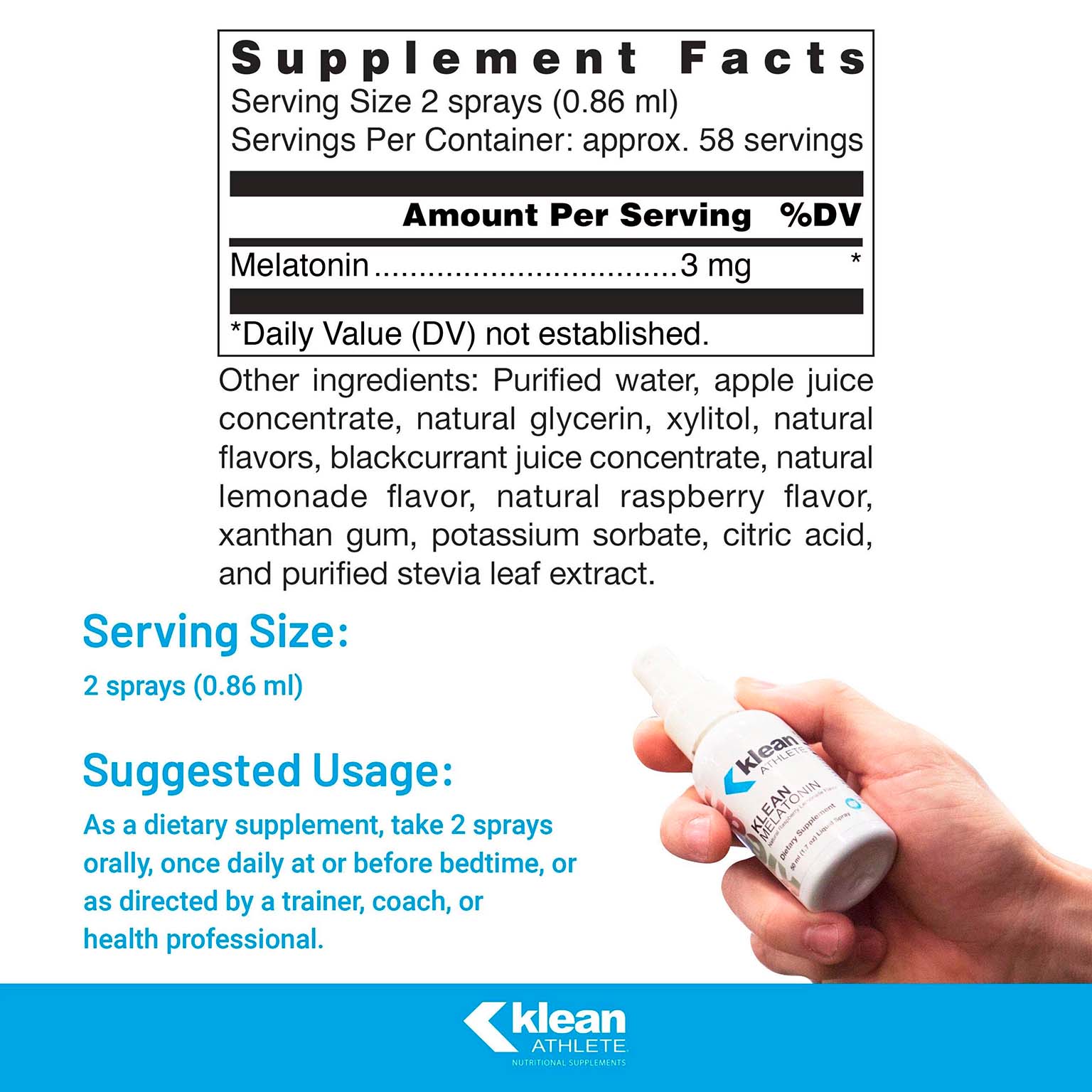 Klean Athlete, Klean Melatonin, Natural Raspberry Lemonade, 3 mg, 1.7 fl oz