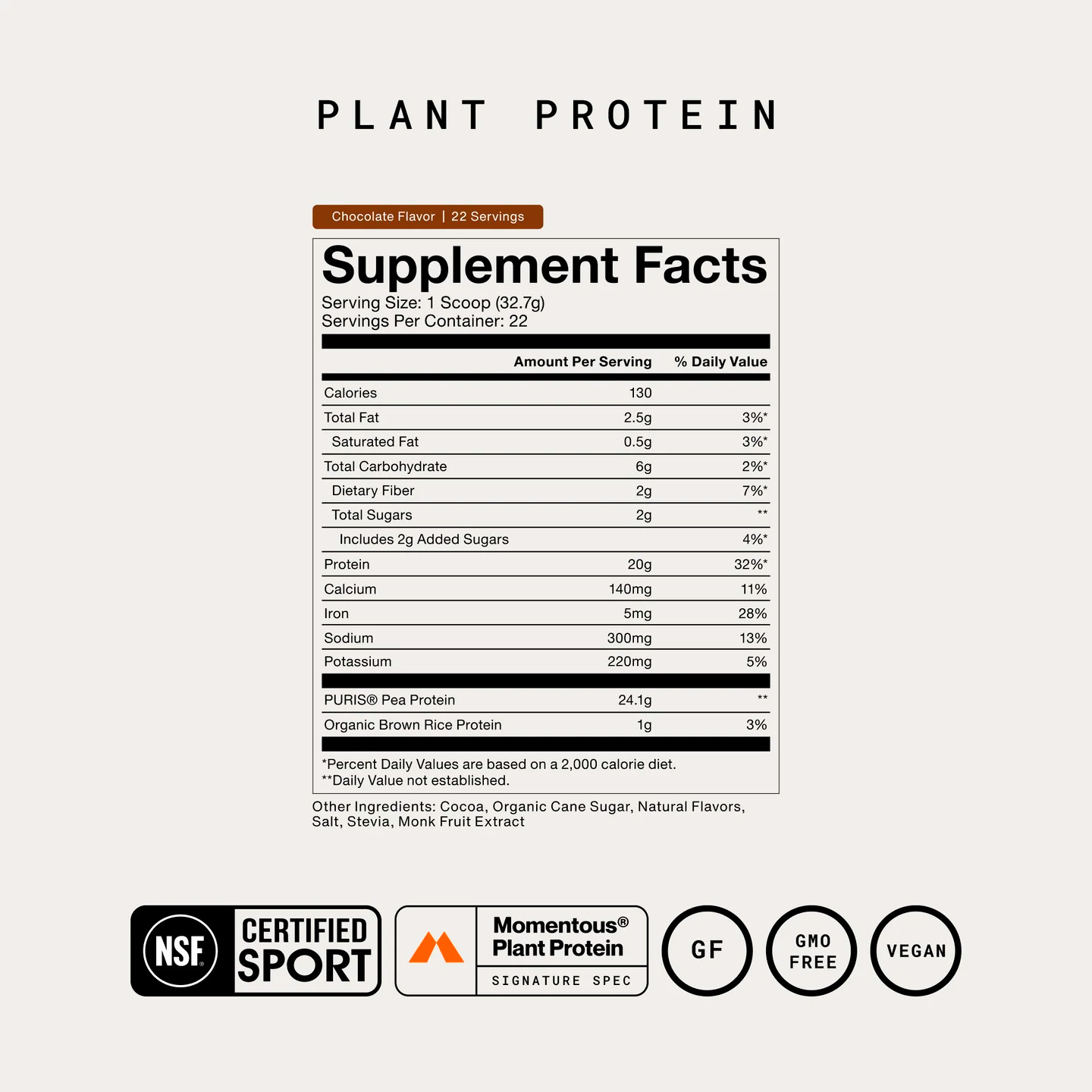 Momentous, 100% Plant Protein Powder, Chocolate, 20 g, 1.6 lb