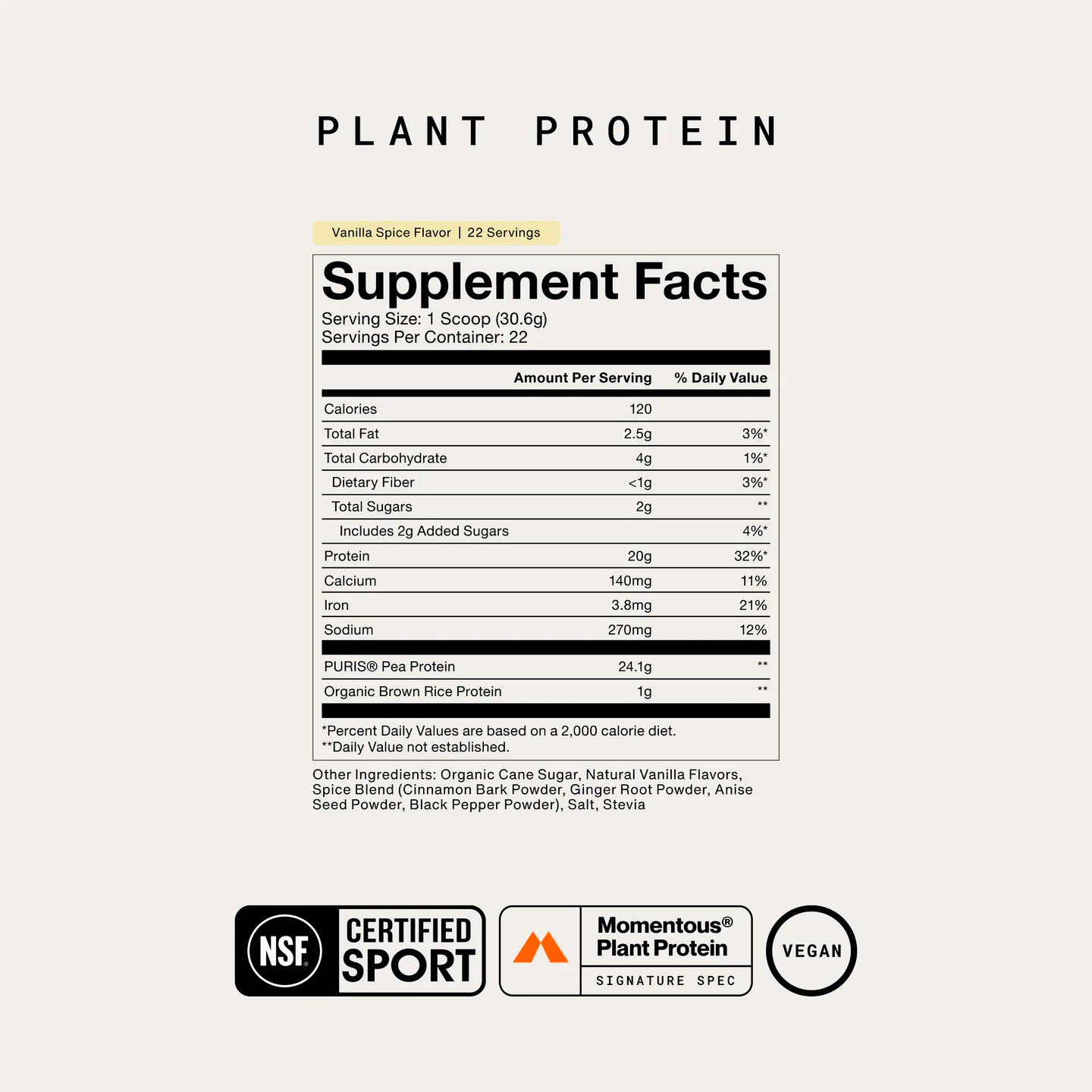 Momentous, 100% Plant Protein Powder, Vanilla Spice, 20 g, 1.5 lb