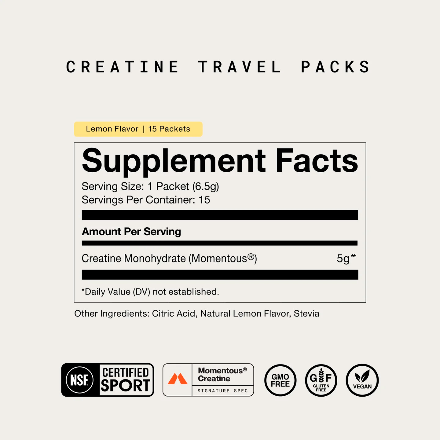 Momentous, Creatine Monohydrate Travel Packs, Lemon, 5 g, 15 Packets