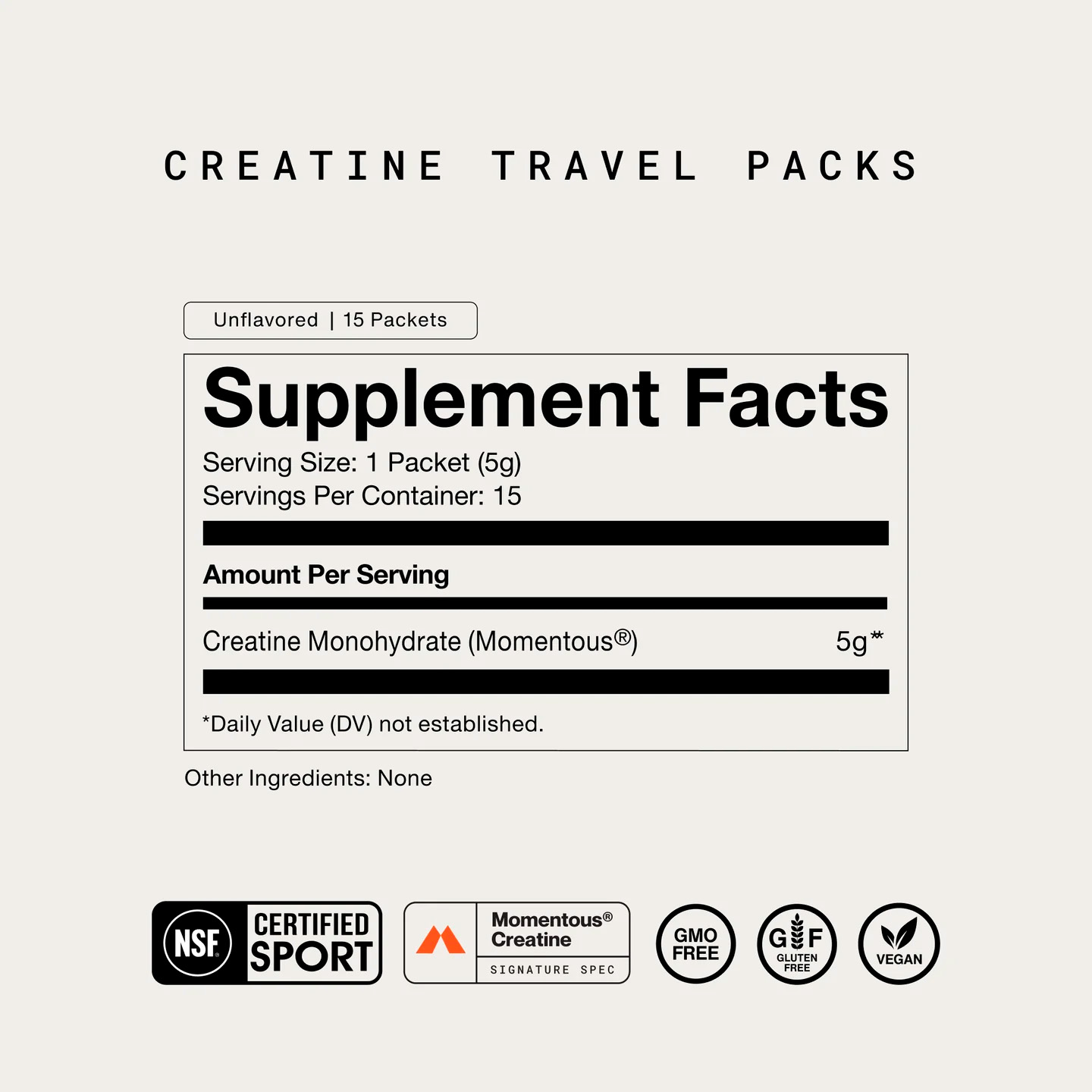 Momentous, Creatine Monohydrate Travel Packs, Unflavored, 5 g, 15 Packets