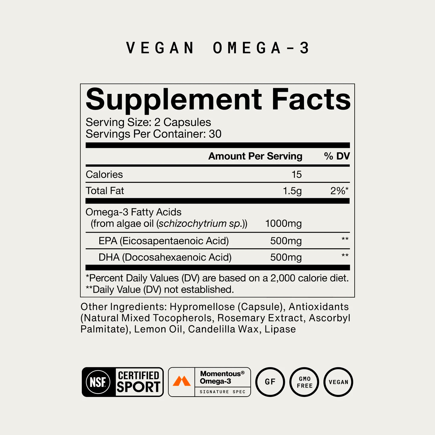 Momentous, Omega-3 Vegan Algae Oil EPA + DHA, 500 mg, 500 mg, 60 Vegicaps