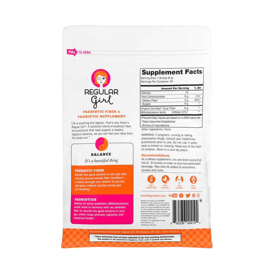 Regular Girl, Prebiotic Fiber & Probiotic Powder, 6 g, 6.35 oz