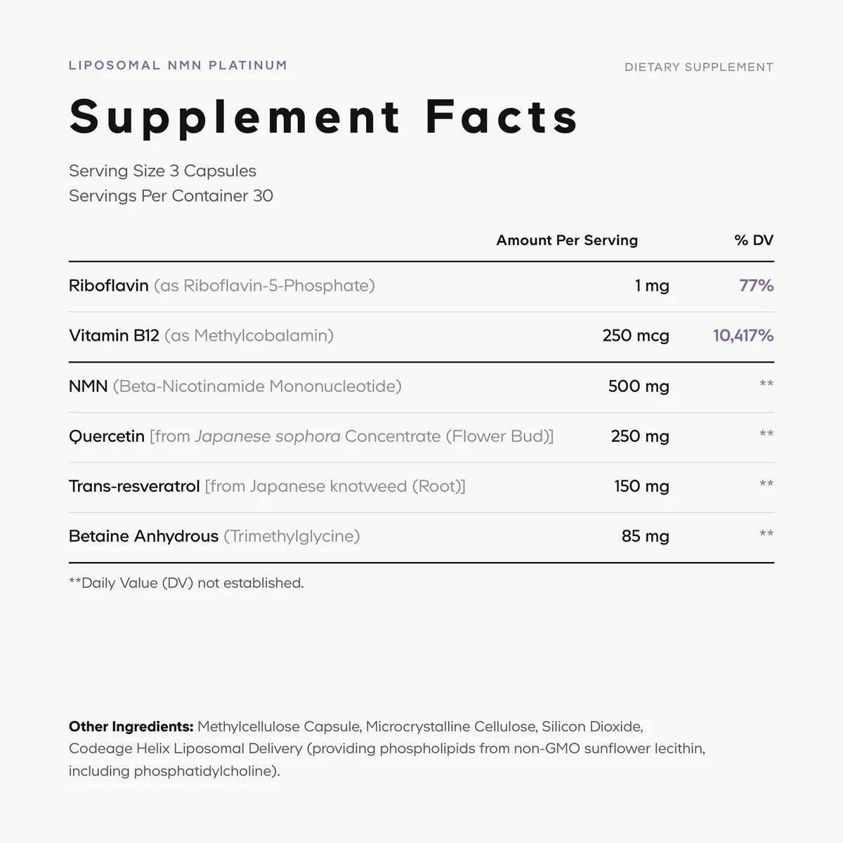 Codeage, Liposomal NMN Platinum with Quercetin, 500 mg, 250 mg, 90 Vegicaps